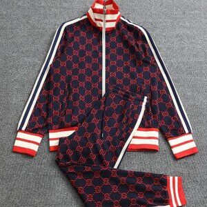 Gucci Blue and Red GG Monogram Bomber Jacket